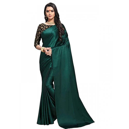 Women's Satin Saree With Blouse (Green, 5-6mtrs)