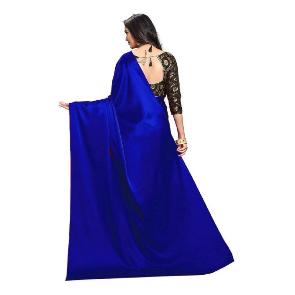 Women's Satin Saree With Blouse (Blue, 5-6mtrs)