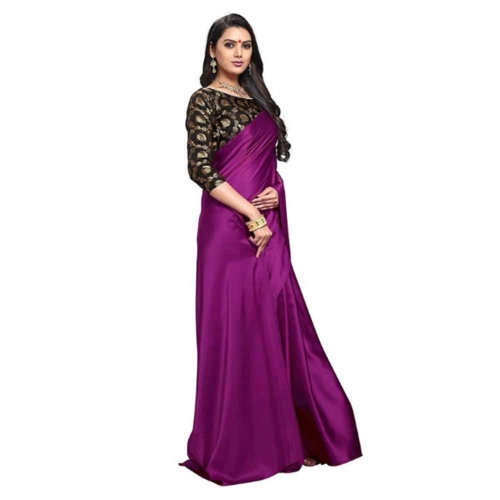 Women's Satin Saree With Blouse (Wine, 5-6mtrs)