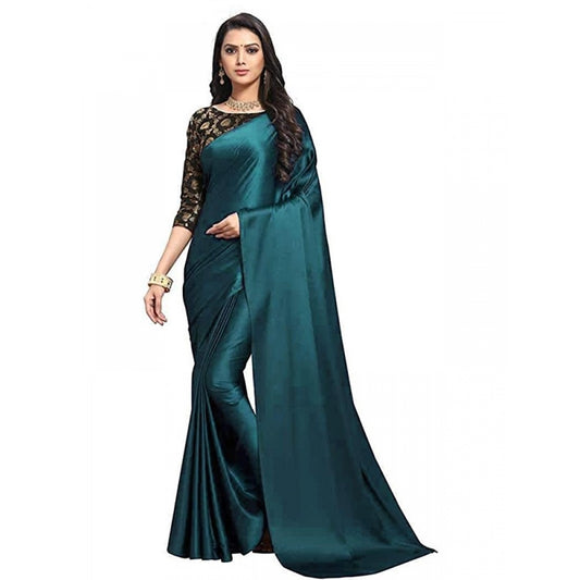 Women's Satin Saree With Blouse (Turquoise, 5-6mtrs)