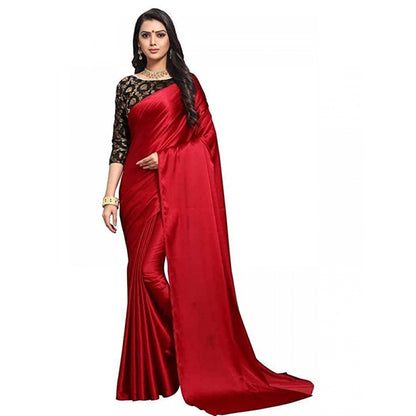 Women's Satin Saree With Blouse (Red, 5-6mtrs)