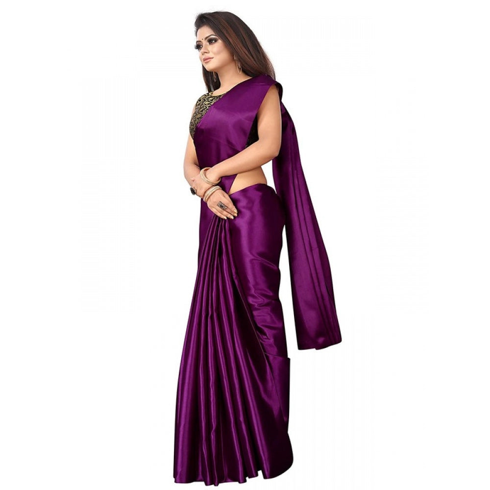 Women's Satin Saree With Blouse (Wine, 5-6mtrs)