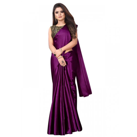 Women's Satin Saree With Blouse (Wine, 5-6mtrs)