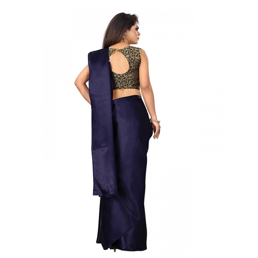 Women's Satin Saree With Blouse (Navy Blue, 5-6mtrs)