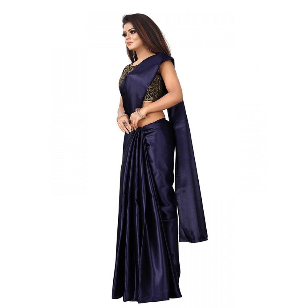 Women's Satin Saree With Blouse (Navy Blue, 5-6mtrs)