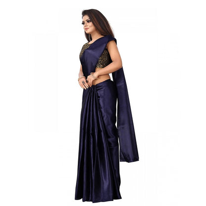 Women's Satin Saree With Blouse (Navy Blue, 5-6mtrs)