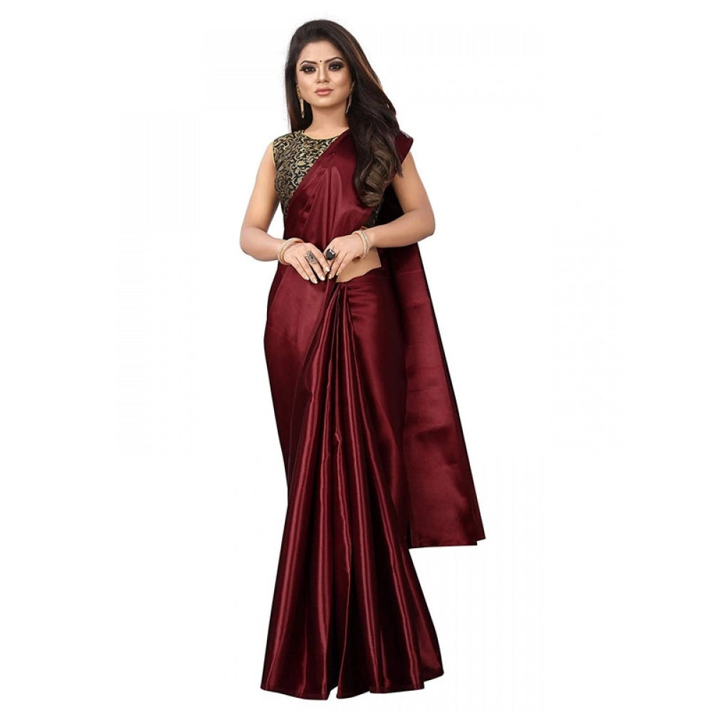 Women's Satin Saree With Blouse (Maroon, 5-6mtrs)