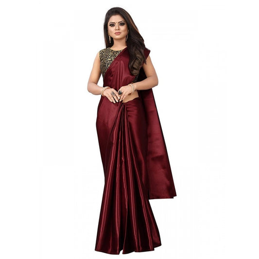 Women's Satin Saree With Blouse (Maroon, 5-6mtrs)