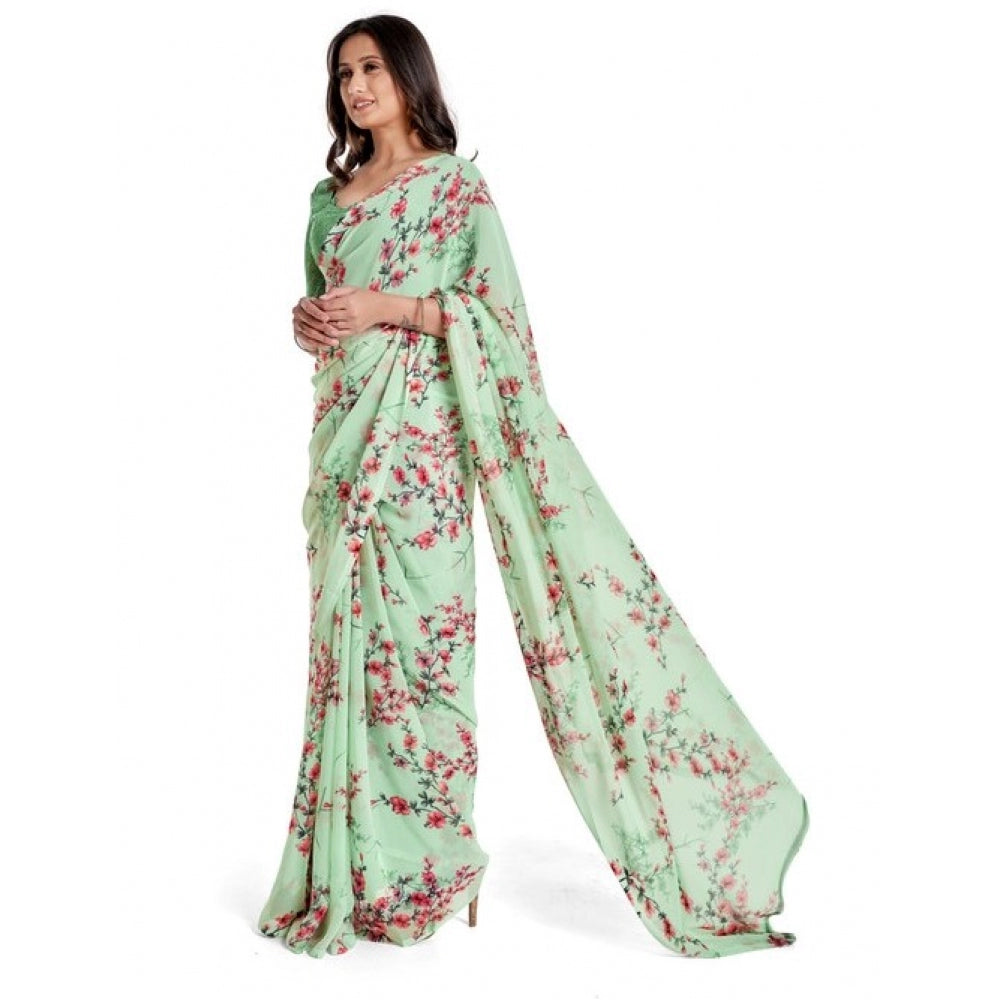 Women's Georgette Saree With Blouse (Light Green, 5-6mtrs)