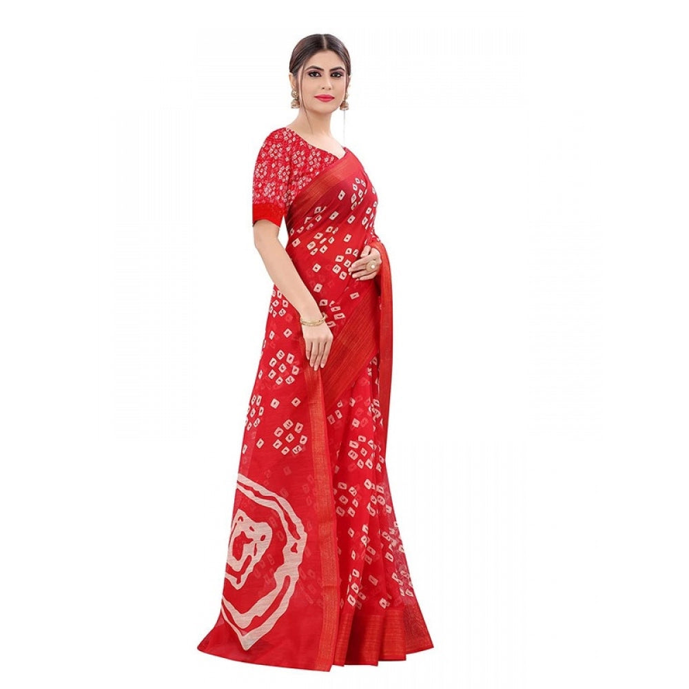 Women's Cotton Silk Saree With Blouse (Red, 5-6mtrs)