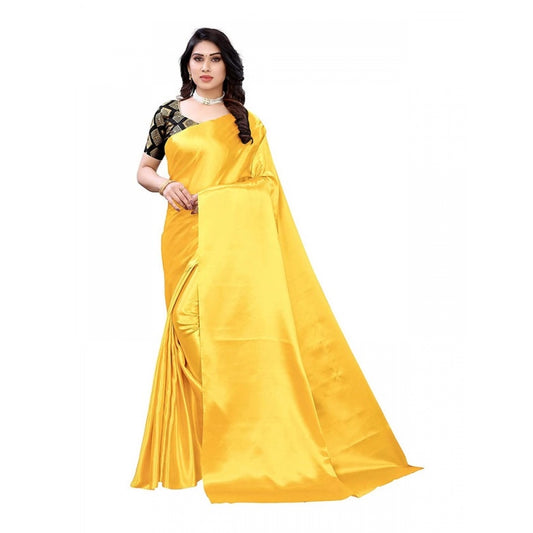 Women's Satin Saree With Blouse (Yellow, 5-6mtrs)