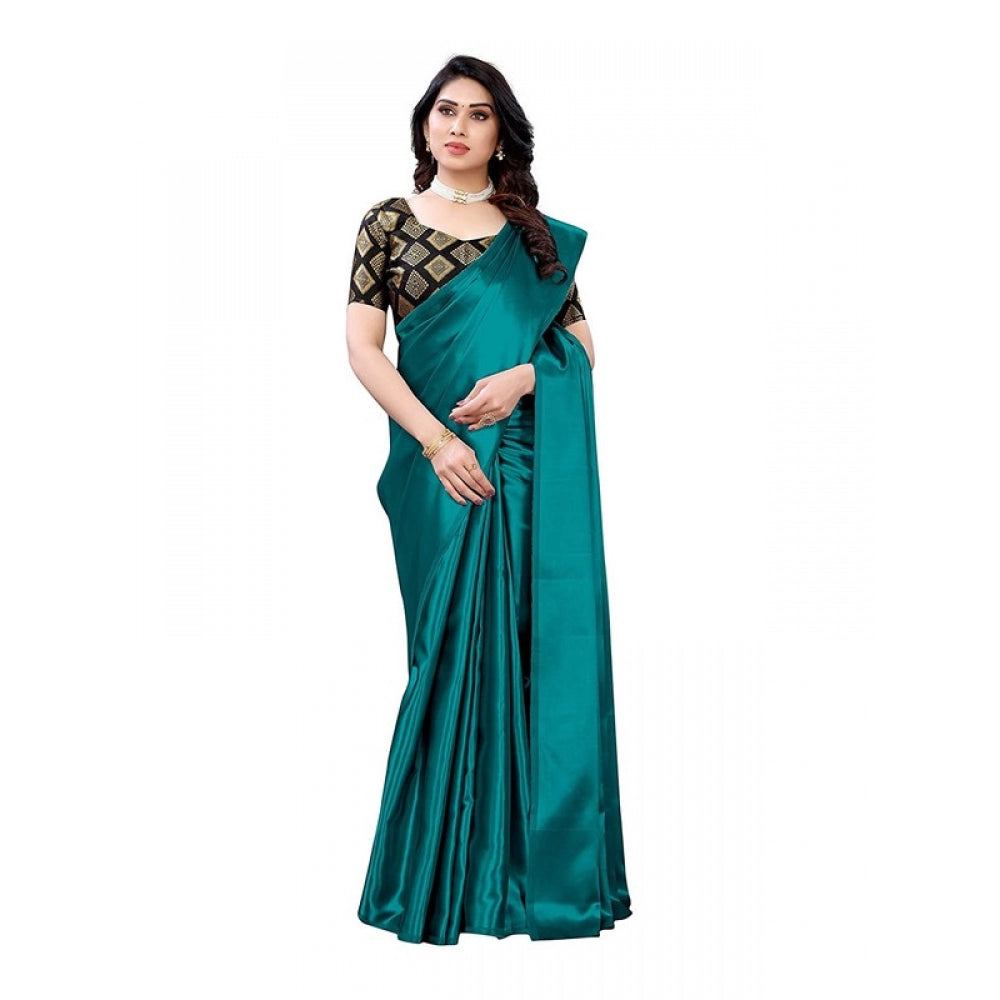 Women's Satin Saree With Blouse (Teal, 5-6mtrs)