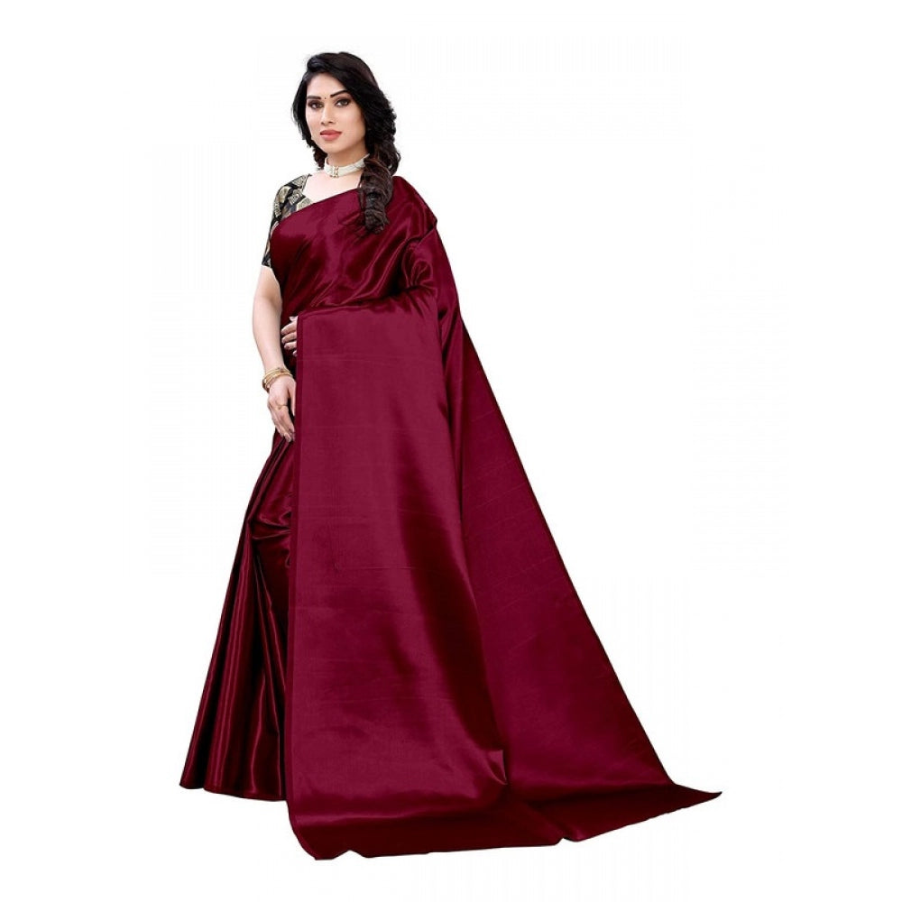 Women's Satin Saree With Blouse (Maroon, 5-6mtrs)