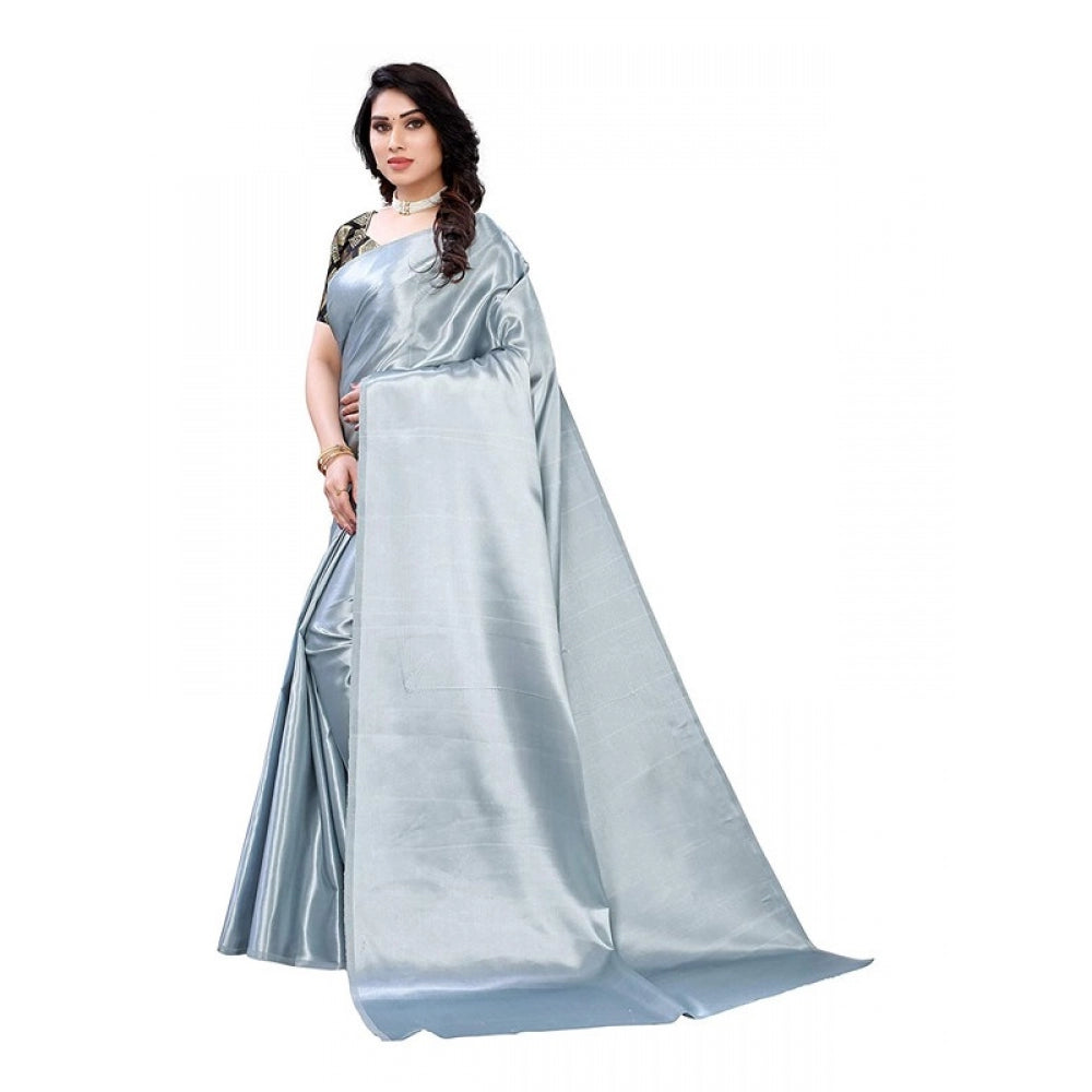 Women's Satin Saree With Blouse (Grey, 5-6mtrs)