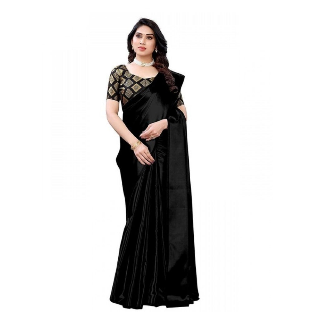 Women's Satin Saree With Blouse (Black, 5-6mtrs)