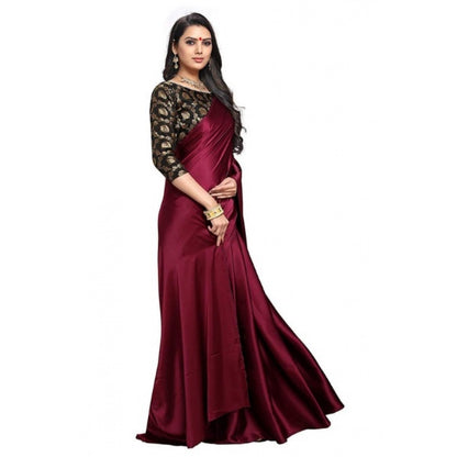 Women's Satin Saree With Blouse (Maroon, 5-6mtrs)