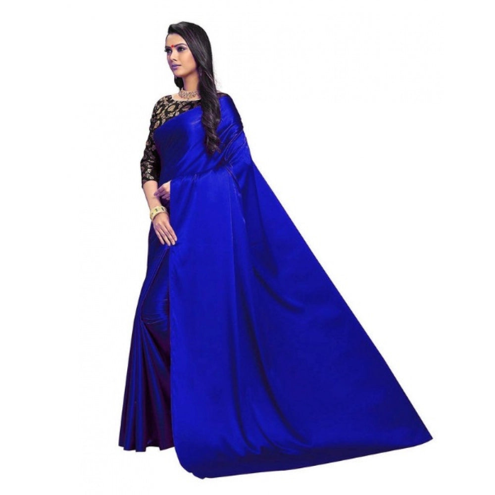 Women's Satin Saree With Blouse (Blue, 5-6mtrs)