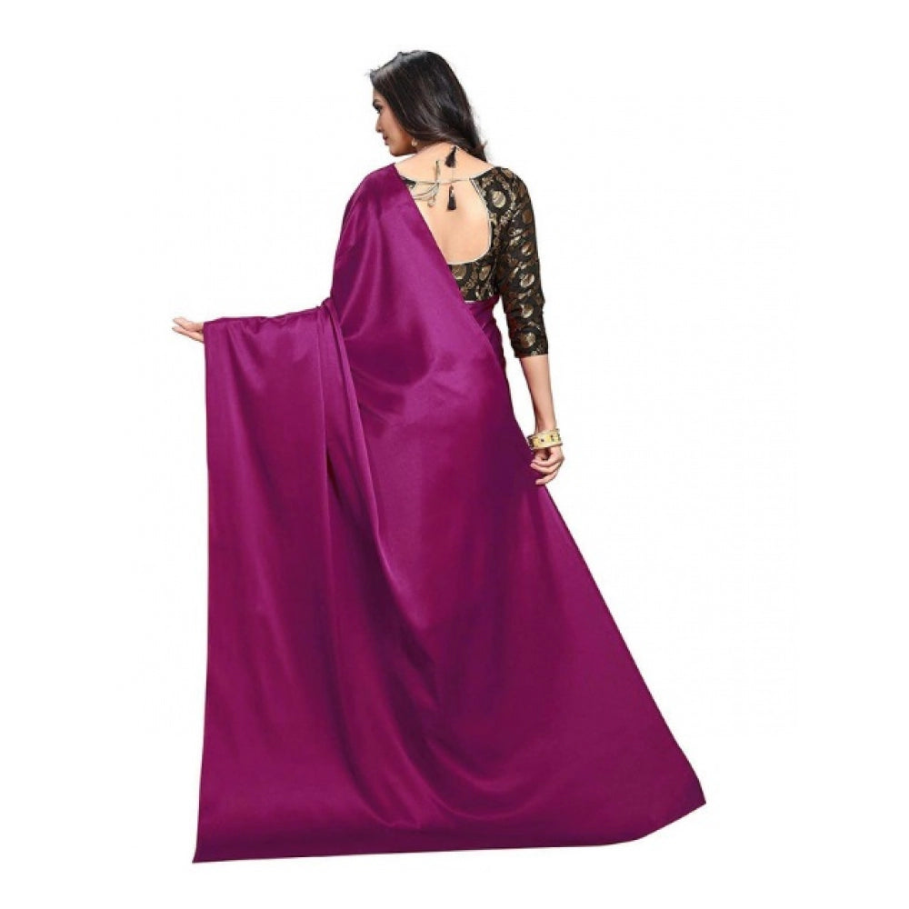 Women's Satin Saree With Blouse (Wine, 5-6mtrs)