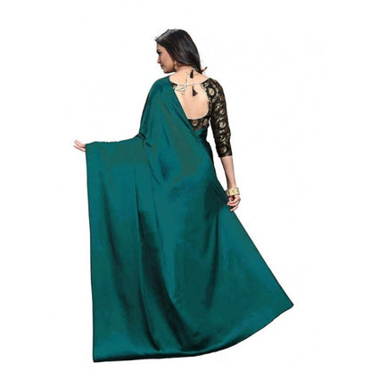 Women's Satin Saree With Blouse (Turquoise, 5-6mtrs)