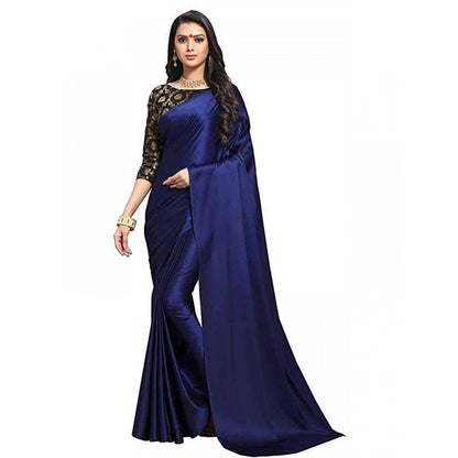 Women's Satin Saree With Blouse (Navy Blue, 5-6mtrs)