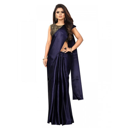 Women's Satin Saree With Blouse (Navy Blue, 5-6mtrs)