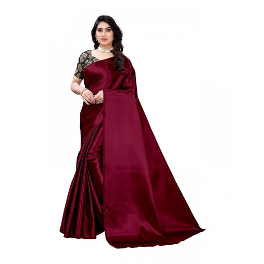 Women's Satin Saree With Blouse (Maroon, 5-6mtrs)