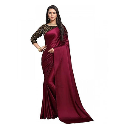 Women's Satin Saree With Blouse (Maroon, 5-6mtrs)