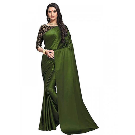 Women's Satin Saree With Blouse (Mehandi, 5-6mtrs)