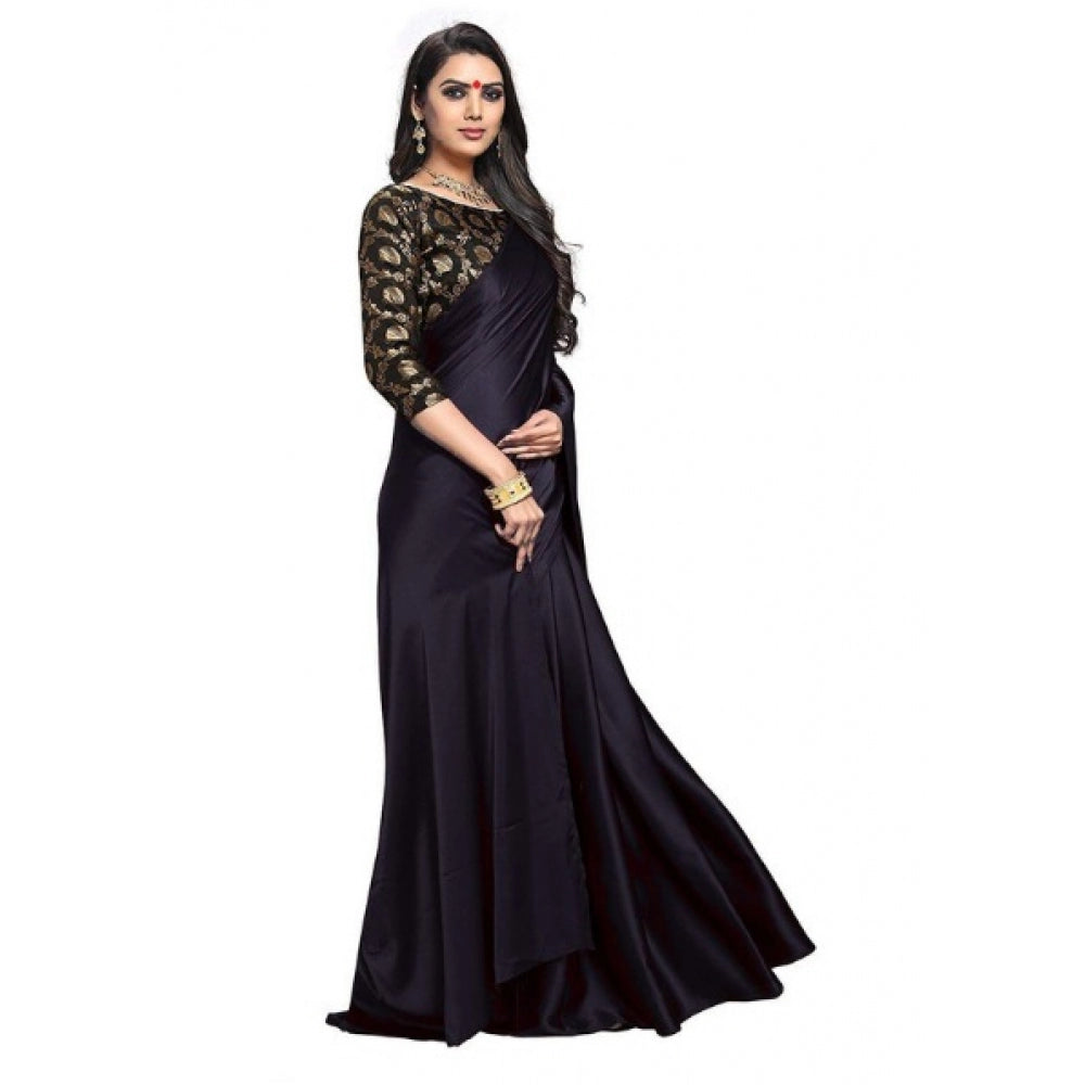 Women's Satin Saree With Blouse (Black, 5-6mtrs)