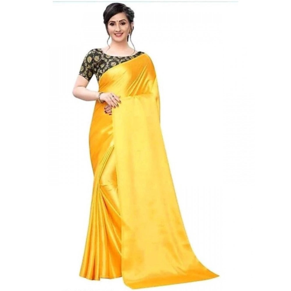 Women's Satin Saree With Blouse (Yellow, 5-6mtrs)