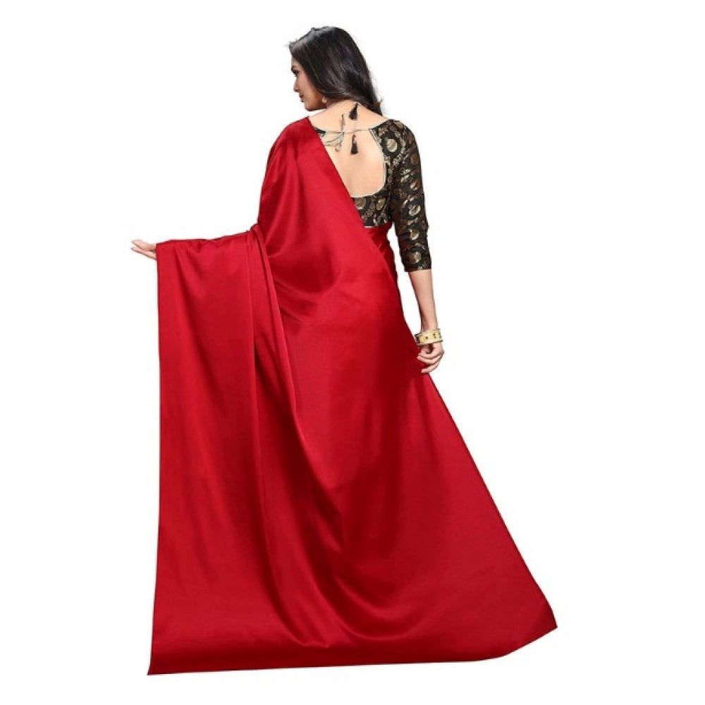 Women's Satin Saree With Blouse (Red, 5-6mtrs)