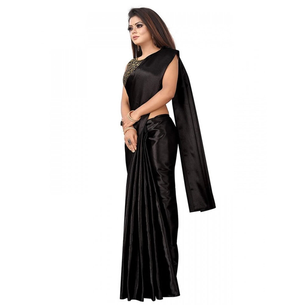 Women's Satin Saree With Blouse (Black, 5-6mtrs)