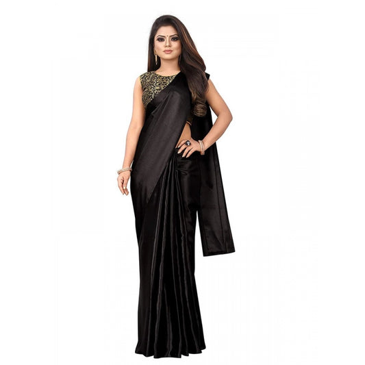 Women's Satin Saree With Blouse (Black, 5-6mtrs)