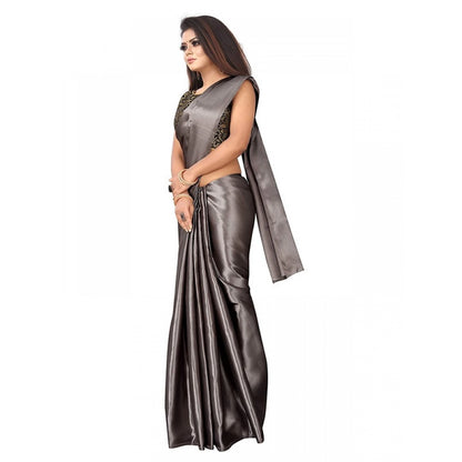 Women's Satin Saree With Blouse (Grey, 5-6mtrs)