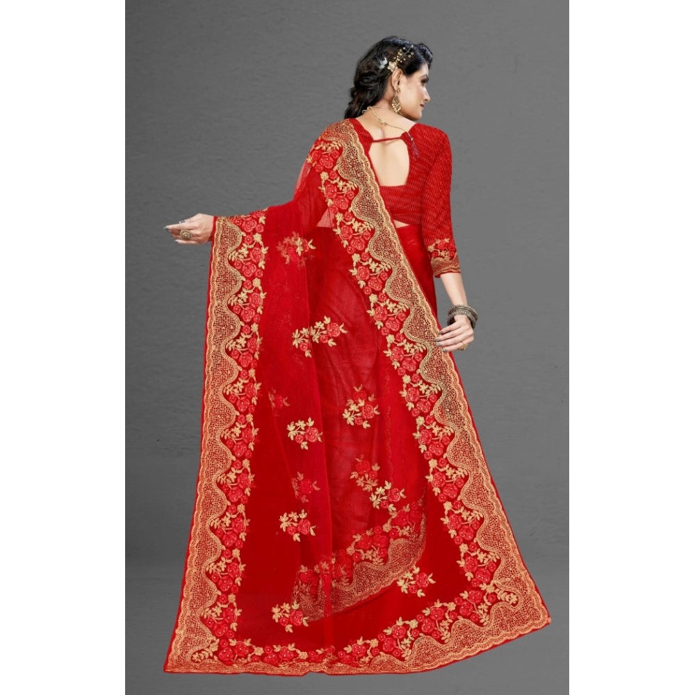 Women's Net Saree With Blouse (Red, 5-6Mtrs)