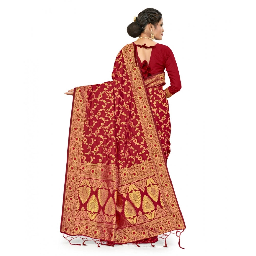 Women's Banarasi Silk Saree With Blouse (Maroon, 5-6Mtrs)