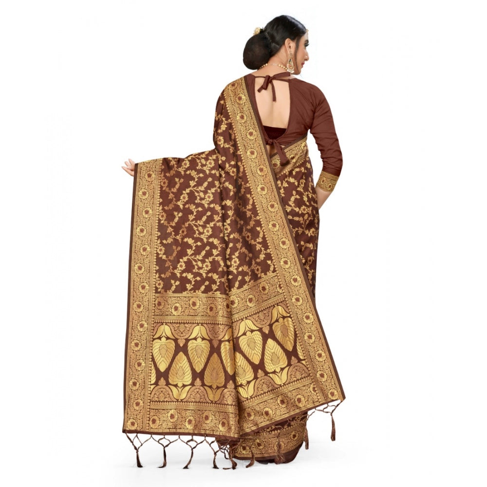 Women's Banarasi Silk Saree With Blouse (Coffee, 5-6Mtrs)