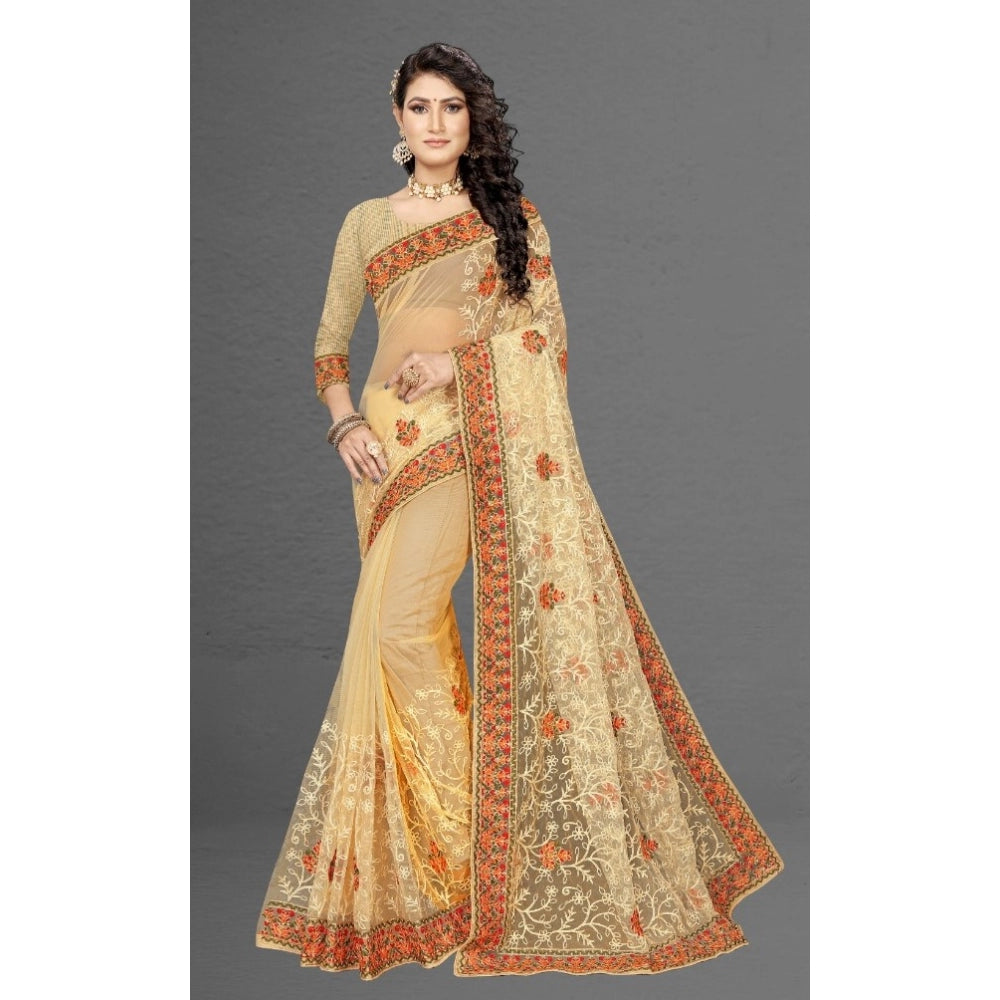 Women's Net Saree With Blouse (Chiku, 5-6Mtrs)