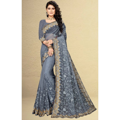 Women's Net Saree With Blouse (Grey, 5-6Mtrs)