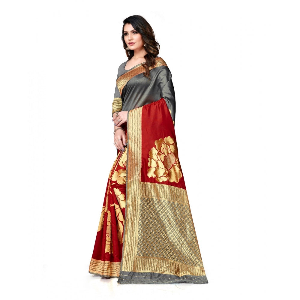 Women's Banarasi Silk Saree With Blouse (Grey, Red, 5-6Mtrs)