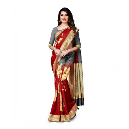 Women's Banarasi Silk Saree With Blouse (Grey, Red, 5-6Mtrs)