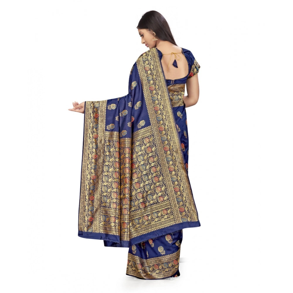 Women's Banarasi Silk Saree With Blouse (Navy Blue, 5-6Mtrs)