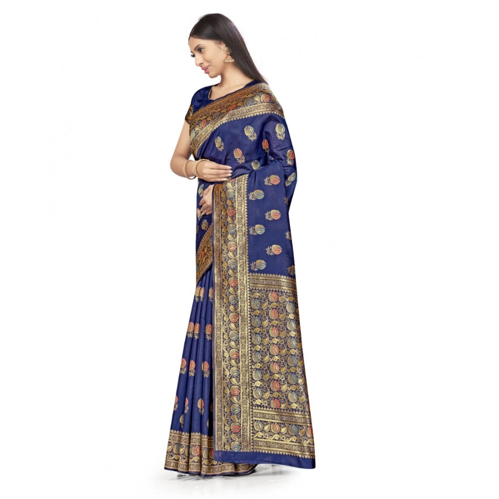 Women's Banarasi Silk Saree With Blouse (Navy Blue, 5-6Mtrs)