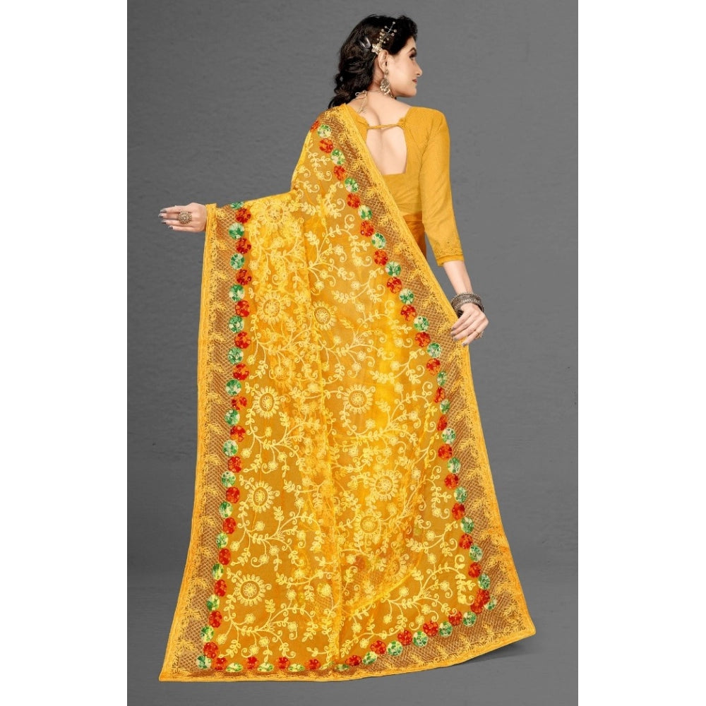 Women's Net Saree With Blouse (Yellow, 5-6Mtrs)