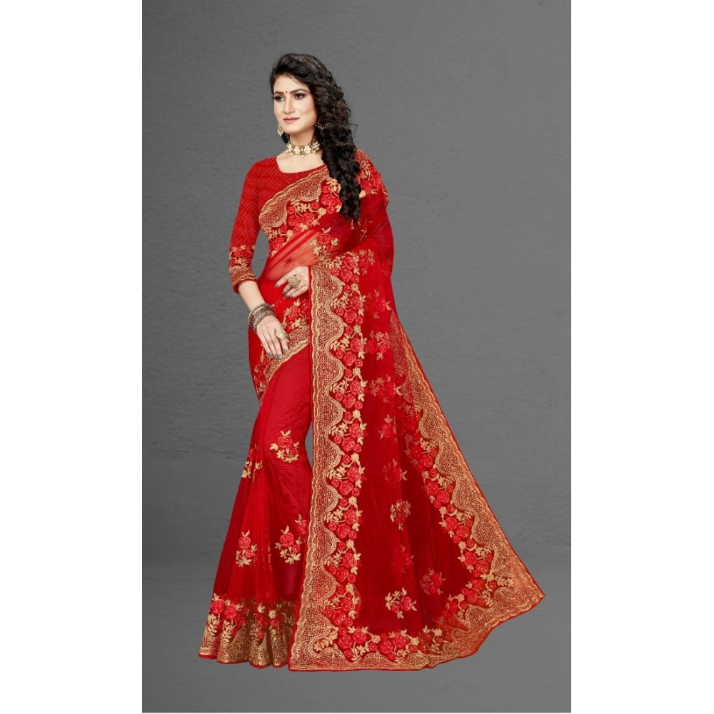 Women's Net Saree With Blouse (Red, 5-6Mtrs)