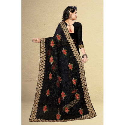 Women's Net Saree With Blouse (Black, 5-6Mtrs)