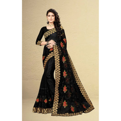 Women's Net Saree With Blouse (Black, 5-6Mtrs)