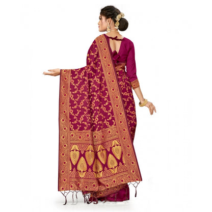 Women's Banarasi Silk Saree With Blouse (Wine, 5-6Mtrs)