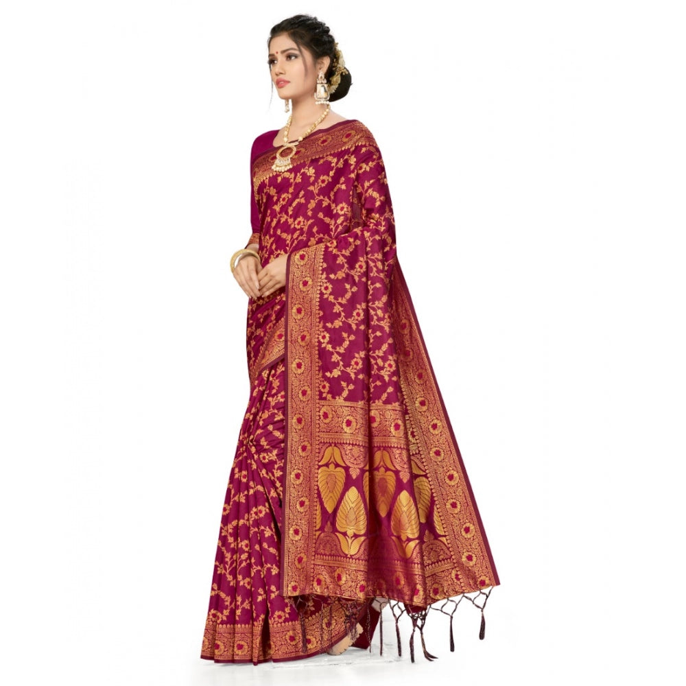 Women's Banarasi Silk Saree With Blouse (Wine, 5-6Mtrs)