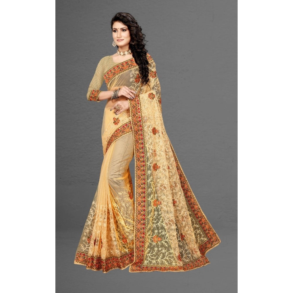 Women's Net Saree With Blouse (Chiku, 5-6Mtrs)